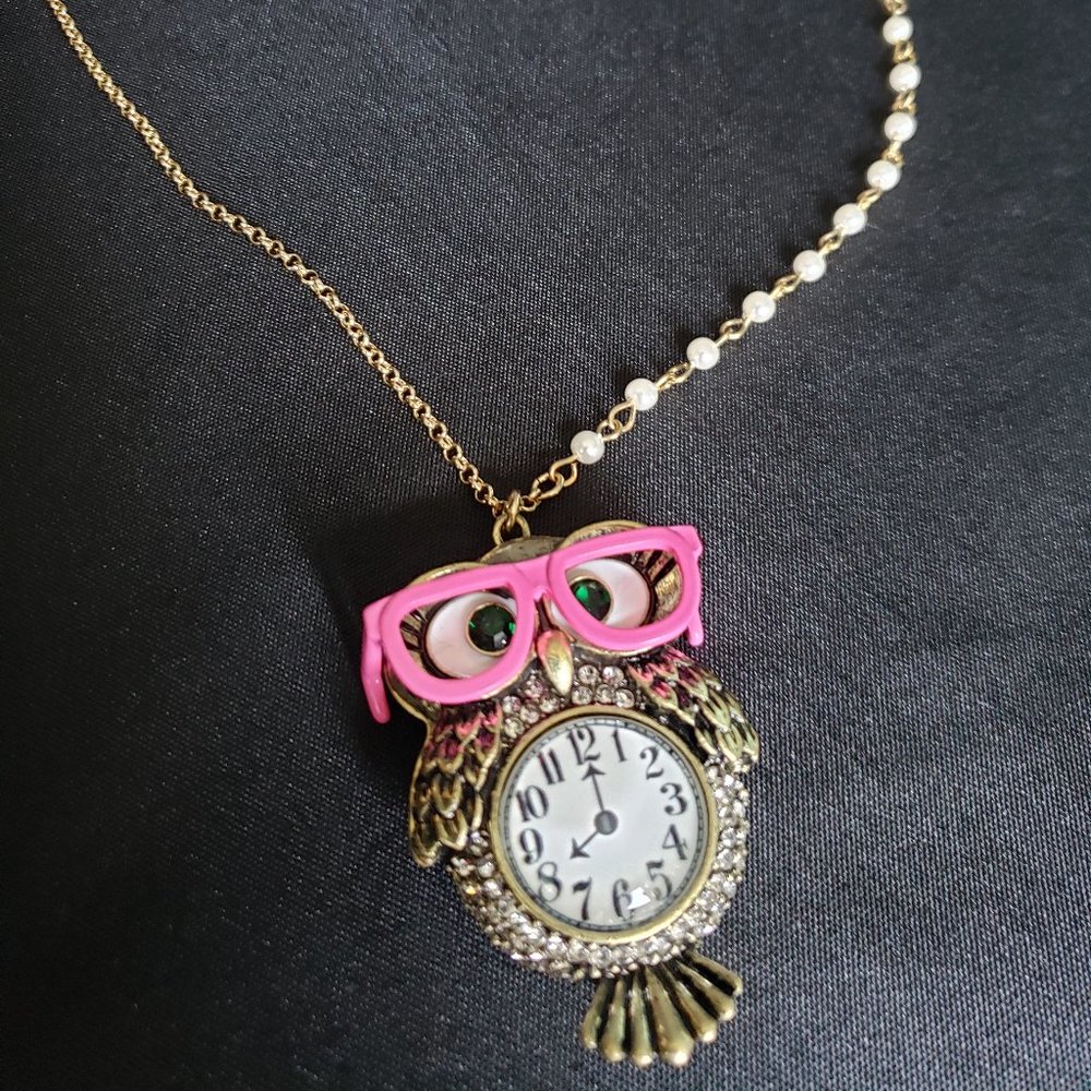 Betsey Johnson Owl with Pink Glasses and Clock Long Pendant Necklace